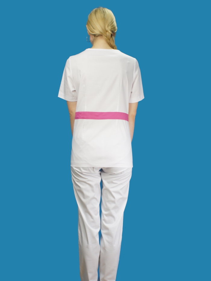 white medical top with pink belt, scrubs with pink belt, white scrubs pink belt, white scrubs bant